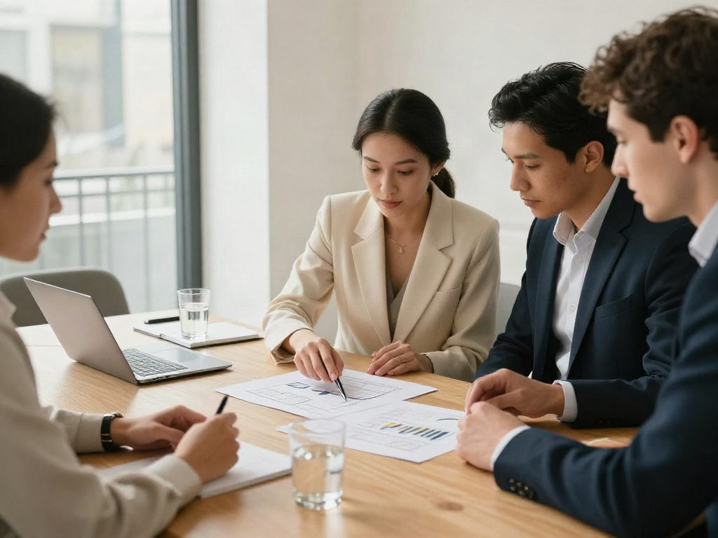 Business advisors collaboratively examining analytics and plans around a meeting table